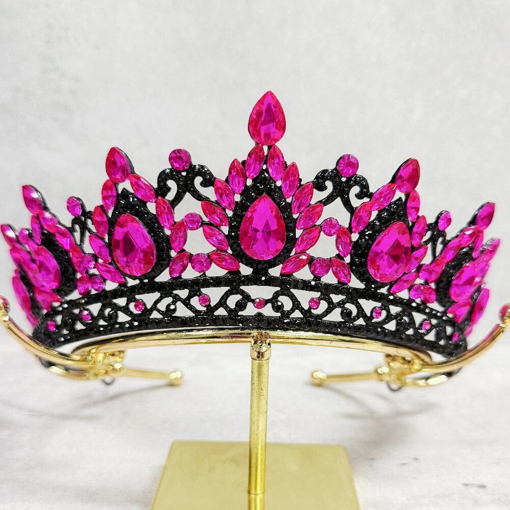 Fuchsia crystal tiara, Black tiara, Gothic bridal headband, Costume Tiara Crown